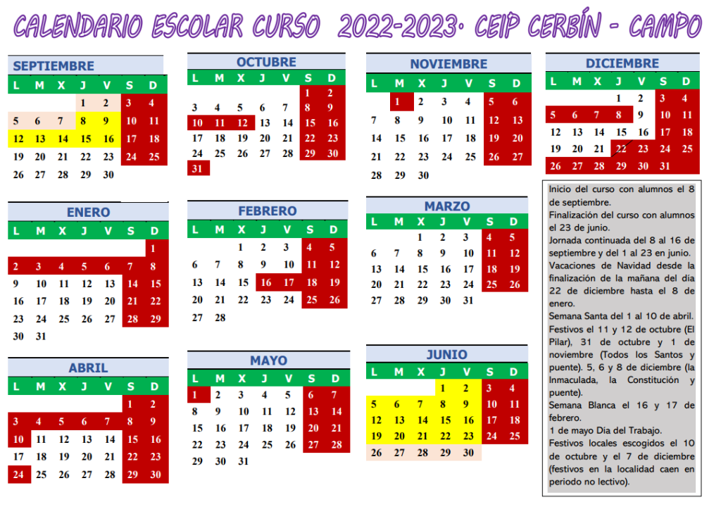 CALENDARIO ESCOLAR CURSO 22-23 – CEIP CERBÍN